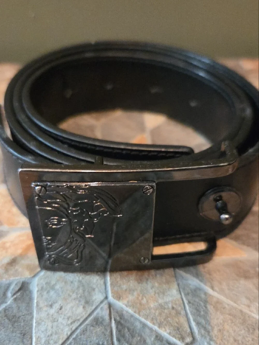 Versace Black Leather MEN'S Belt with Matte Silver Medusa Plate, Size 32 Waist